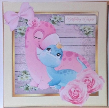 Cute Mum and baby dino in rose and floral frame 8x8 by Hazel Underwood