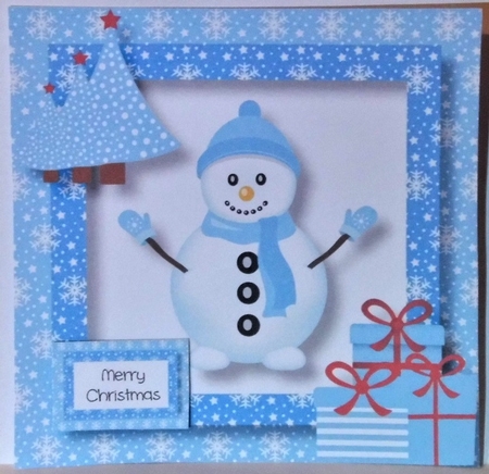 Christmas Snowman In Blue 8x8 by Hazel Underwood