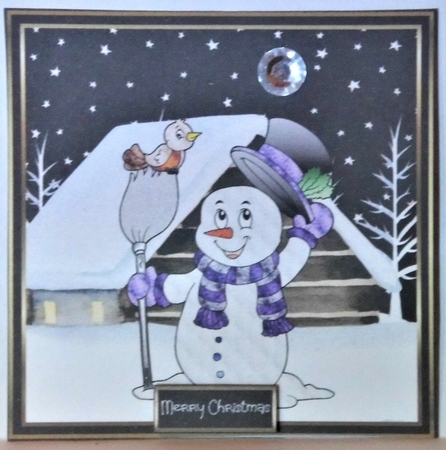Snowman and bird 6x6 card by Hazel Underwood