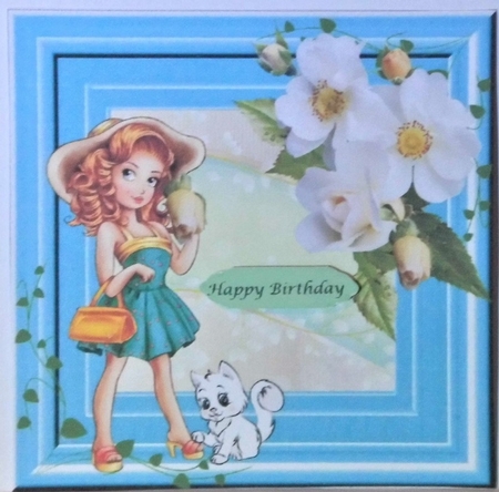 Girl in hat with cat on blue frame with roses by Hazel Underwood