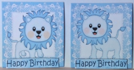 4 Cute litte blue lions on lace toppers by Hazel Underwood
