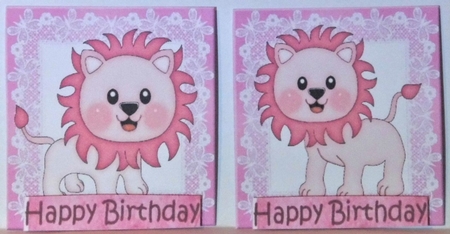 4 cute little pink lions on lace toppers by Hazel Underwood