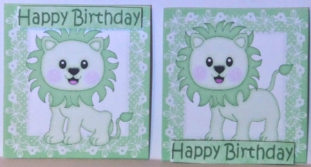 4 Cute little green lions on lace toppers by Hazel Underwood
