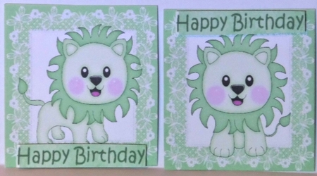 4 Cute little green lions on lace toppers by Hazel Underwood