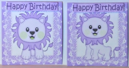 4 Cute litte purple lions on lace toppers by Hazel Underwood