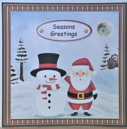 Santa and snowman green stripe frame card with optional poinsettia decoupage by Hazel Underwood
