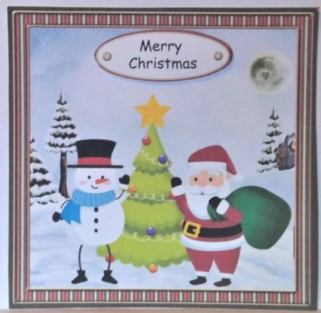 Santa snowman and tree green stripe frame by Hazel Underwood