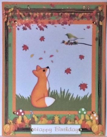 Birthday greeting card with a fox, a bird and Fall leaves by Hazel Underwood