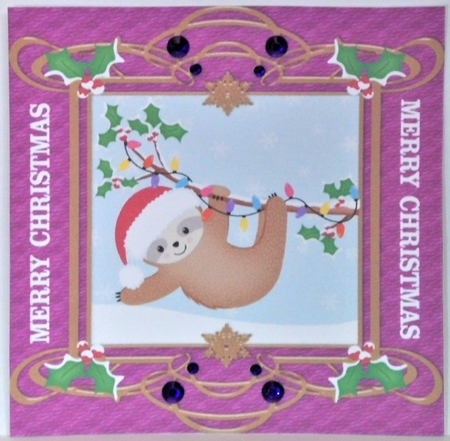 3 Purple and gold Christmas sloth card fronts/toppers by Hazel Underwood