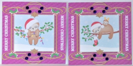3 Purple and gold Christmas sloth card fronts/toppers by Hazel Underwood
