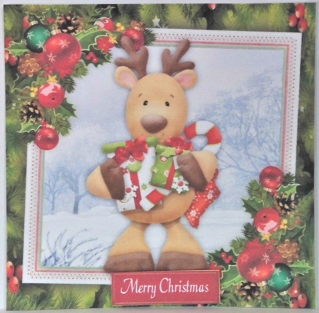 Reindeer & Presents With Bauble Corners 7x7 by Hazel Underwood