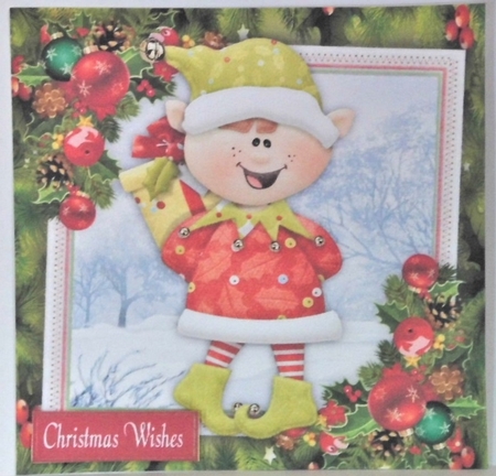 Boy Elf & Presents With Bauble Corners 7x7 by Hazel Underwood