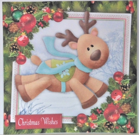 Flying Reindeer With Bauble Corners 7x7 by Hazel Underwood