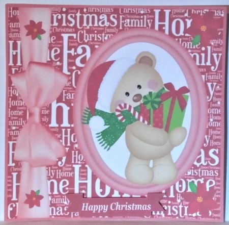 3 Red Christmas present bear oval card fronts by Hazel Underwood