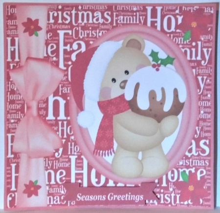 3 Red Christmas pudding bear oval card fronts/toppers by Hazel Underwood