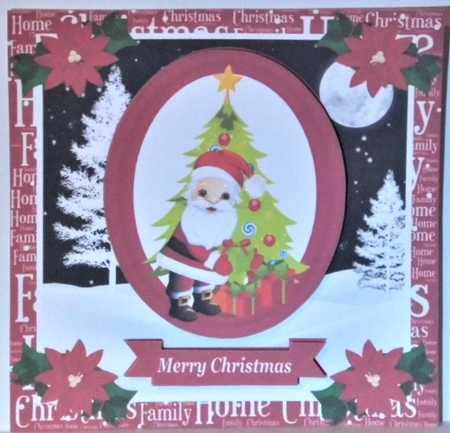 Red oval Christmas Santa card front 1 by Hazel Underwood