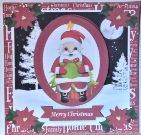 Red oval Christmas Santa card front 3 by Hazel Underwood