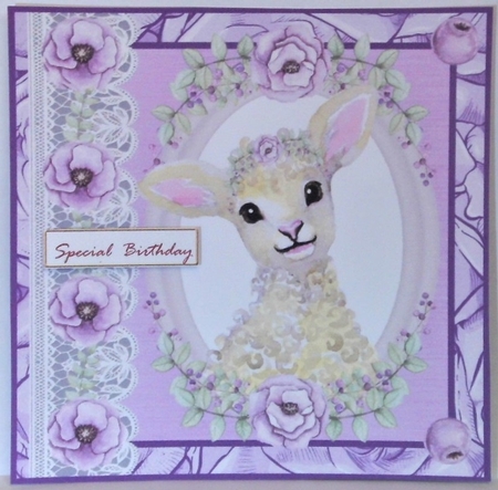 Lilac floral lamb card front by Hazel Underwood