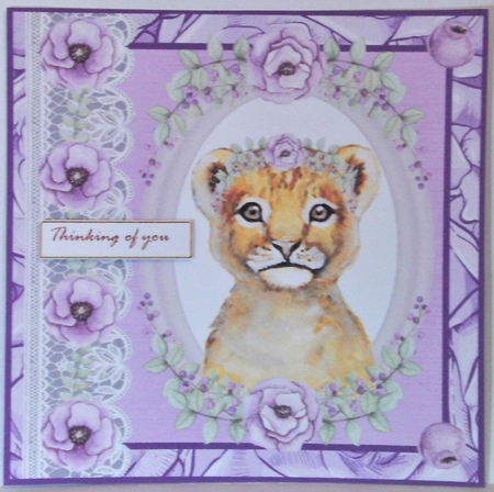 Lilac floral lion card front by Hazel Underwood