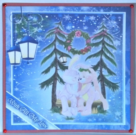 Christmas Bunnies 7x7 quick card and decoupage by Hazel Underwood