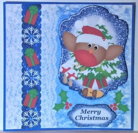 Blue Christmas present robin card front by Hazel Underwood