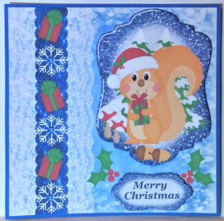 Blue Christmas present squirrel card front by Hazel Underwood