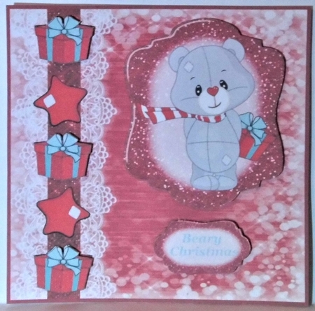 Red Christmas bear card front 2 by Hazel Underwood