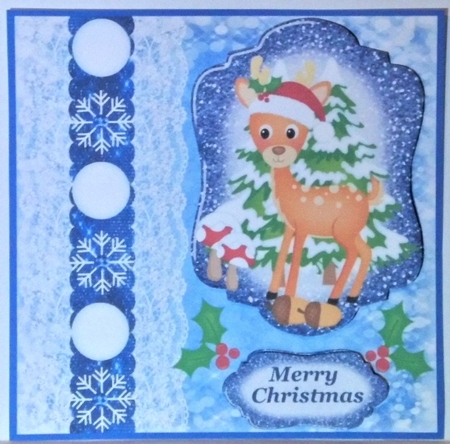  Blue Christmas deer snowball card front by Hazel Underwood