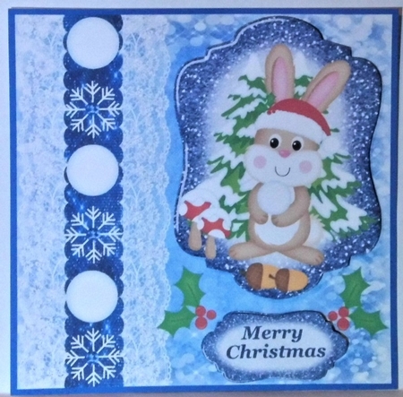  Blue Christmas rabbit snowball card front by Hazel Underwood
