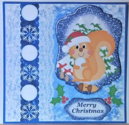  Blue Christmas squirrel snowball card front by Hazel Underwood