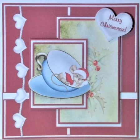 Christmas Mouse In A Teacup - 6 x 6 Card Topper With Decoupage & Tags by Hazel Underwood