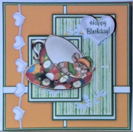 Sleepy Teacup Mouse - 6 x 6 Card Topper With Decoupage & Tags by Hazel Underwood