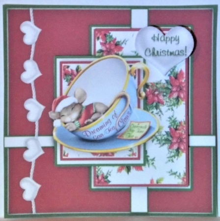 Poinsettia Christmas Mouse In A Teacup - 6 x 6 Card Topper With Decoupage by Hazel Underwood