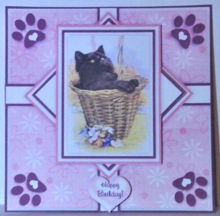 Black Fluffy Kitten In A Basket - 6 x 6 Card Topper With Decoupage & Tags by Hazel Underwood