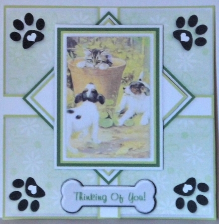 Naughty Puppy Dogs & Kitten - 6 x 6 Card Topper With Decoupage & Tags by Hazel Underwood