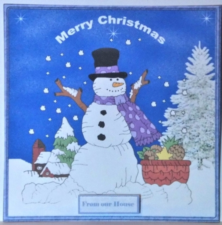 Snowman and his basket of fir cones 6x6 card by Hazel Underwood