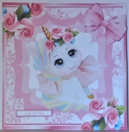 Pretty unicorn with roses and pink bow 8x8 by Hazel Underwood