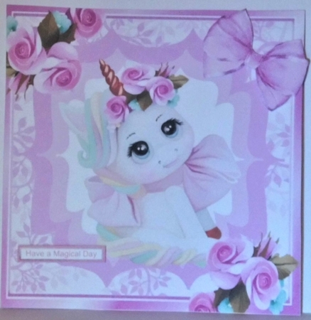 Pretty unicorn with roses and lilac bow 8x8 by Hazel Underwood