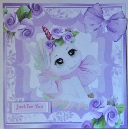 Pretty unicorn with roses and purple bow 8x8 by Hazel Underwood