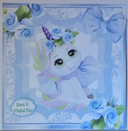 Pretty unicorn with roses and blue bow 8x8 by Hazel Underwood