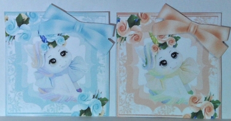 4 Pretty coloured unicorn toppers with roses and bows (two) by Hazel Underwood
