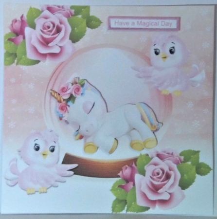 Sleeping unicorn in a crystal globe with birds 7x7 by Hazel Underwood