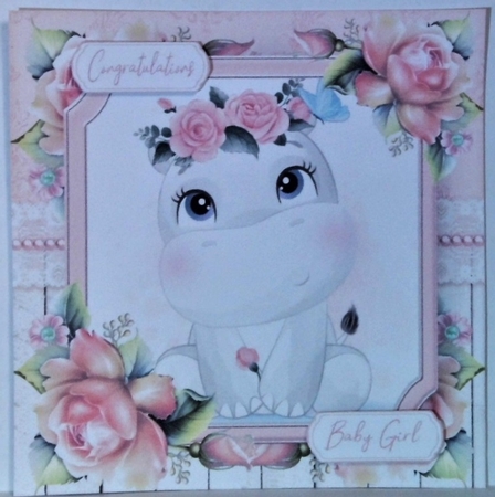 Cute Hippo With Pink Roses 7x7 by Hazel Underwood