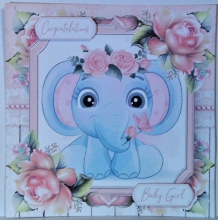 Cute Elephant With Pink Roses 7x7 by Hazel Underwood