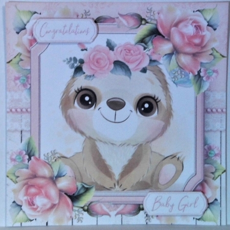 Cute Sloth With Pink Roses 7x7 by Hazel Underwood