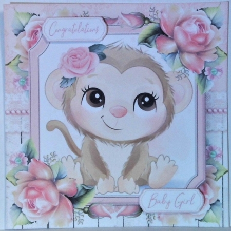 Cute Monkey With Pink Roses 7x7 by Hazel Underwood