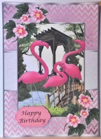Flamingos (3) in Frame with flowers - various sentiments by Hazel Underwood