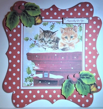 Cute kittens with holly in red dot 7x7 frame by Hazel Underwood