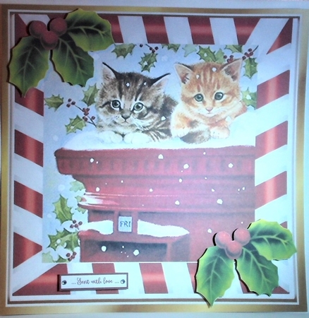 Cute kittens in red/stripe with holly 8x8 frame by Hazel Underwood