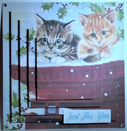 Cute kittens and holly with pillar box pyramids by Hazel Underwood